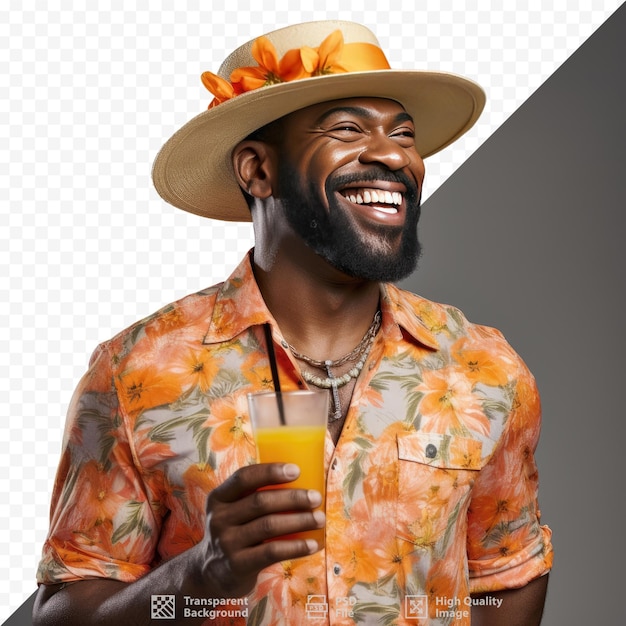 PSD a man wearing a straw hat and a straw hat with orange juice in it.