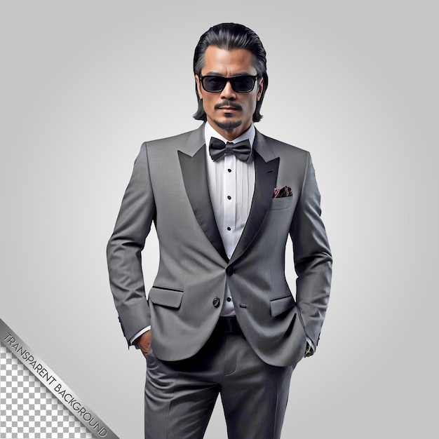 PSD a man wearing a suit and sunglasses stands in front of a gray background