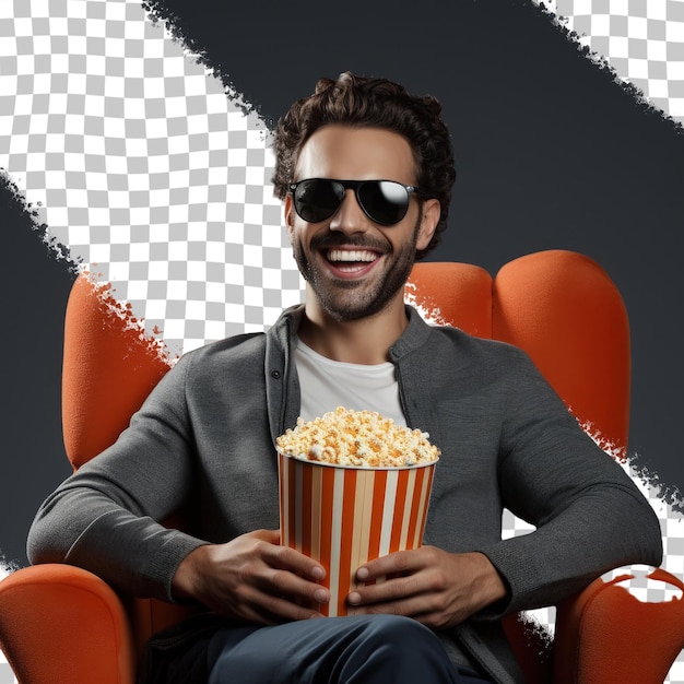 A man wearing sunglasses and a striped shirt holds a popcorn.