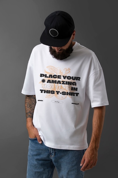 PSD man wearing t shirt mockup