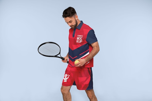 テニスウェアのモックアップを着た男性