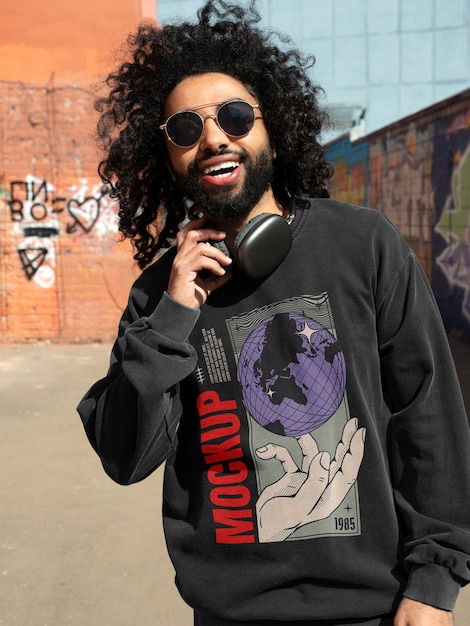 Man wearing urban style sweatshirt outdoors