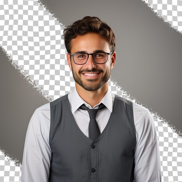 PSD un uomo che indossa un giubbotto e una cravatta si trova di fronte a uno sfondo a scacchi bianchi e neri.