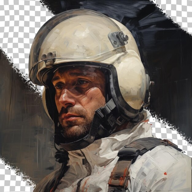 PSD man wearing a white helmet depicted in an artwork