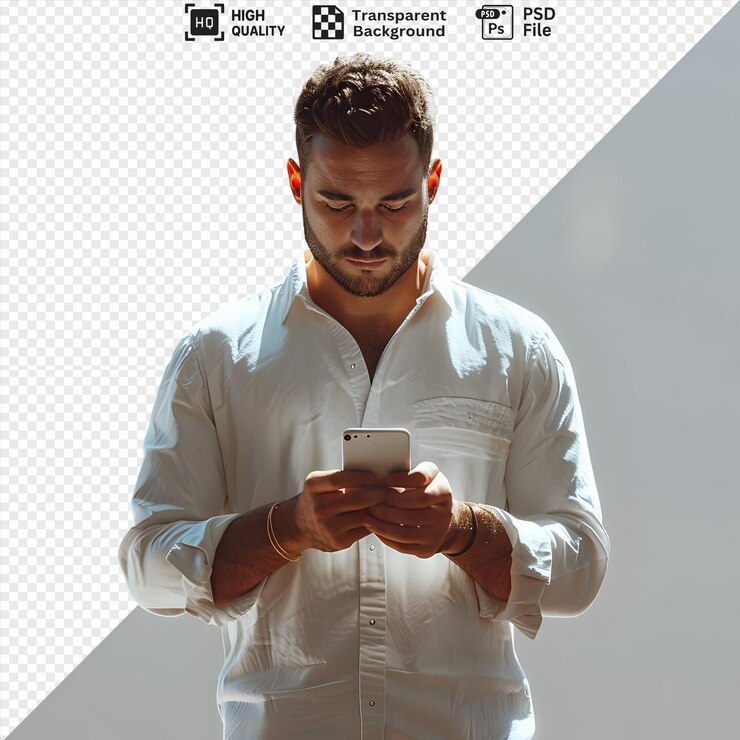 PSD a man wearing a white shirt looks down at his phone in a portrait photo with a transparent background