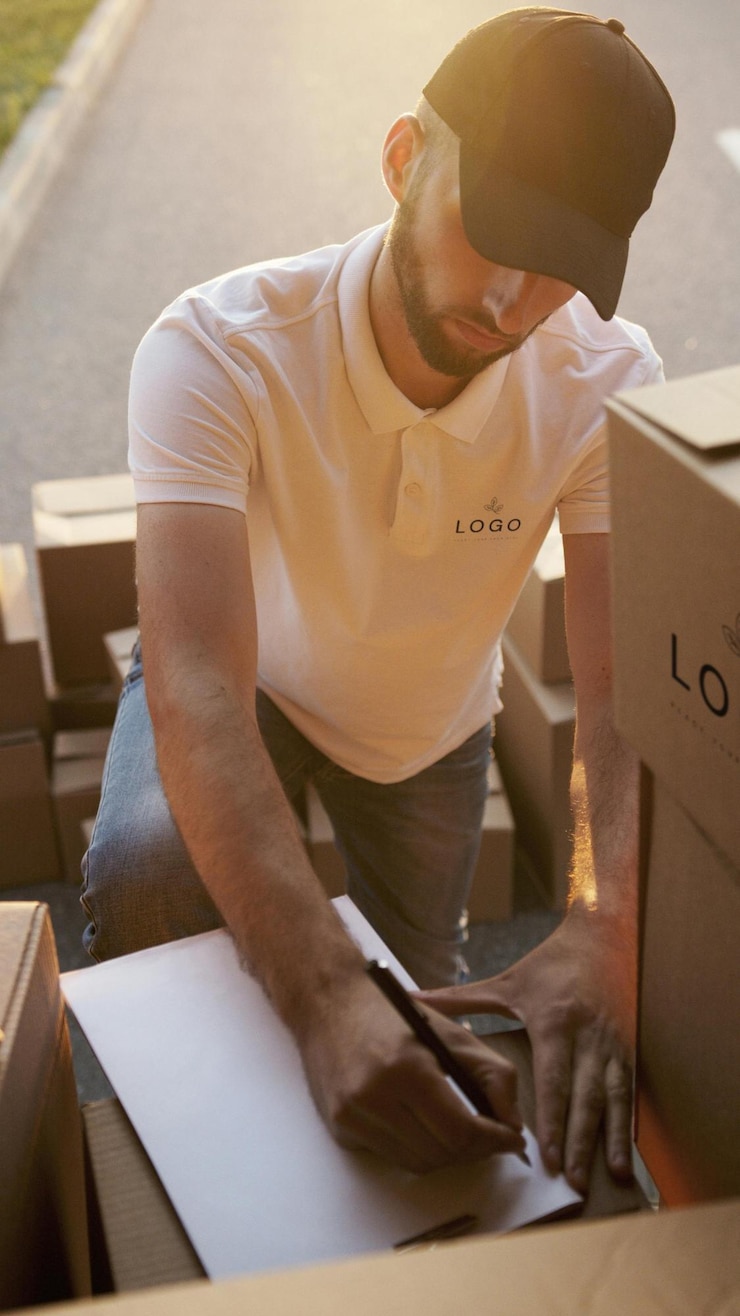 PSD a man wearing a white shirt that says quot la logo quot on the front of a box