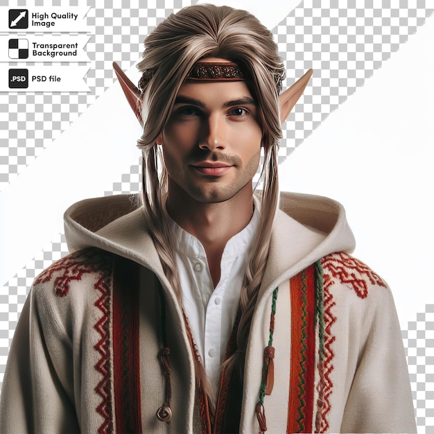 a man wearing a wig and a sweater with a beard and a hood