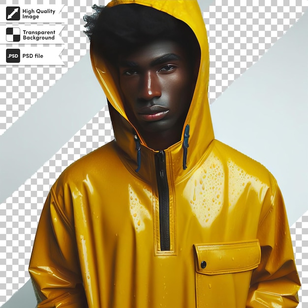 A man wearing a yellow raincoat with a black face and a black hair clipping out
