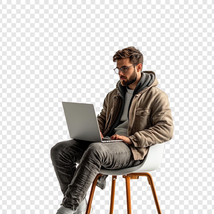 PSD man werkt aan een laptop in een stoel