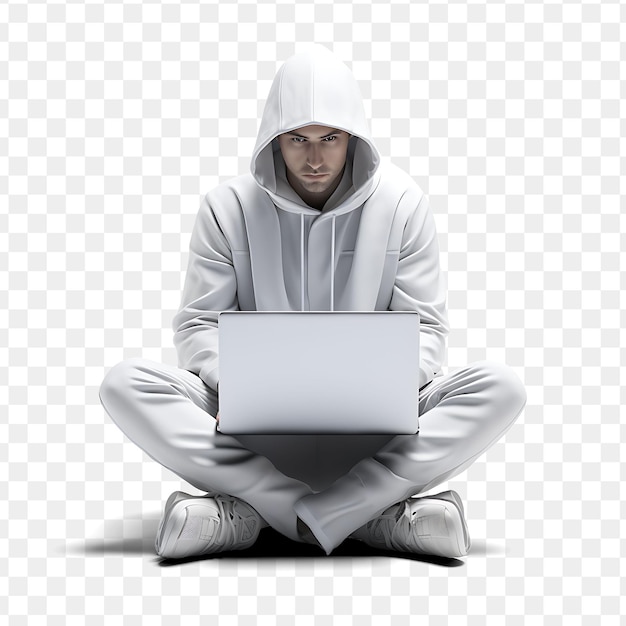 PSD a man in a white hoodie with a laptop on his knees