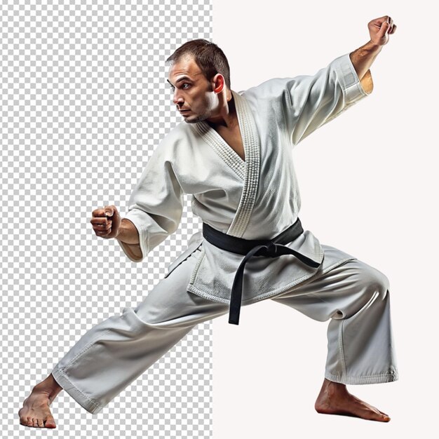 PSD a man in a white kimono kicks a stick