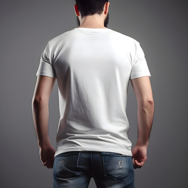 PSD man in white t shirt on a gray background back view