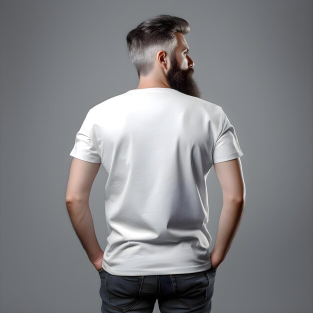 PSD man in white t shirt on grey background mockup for design