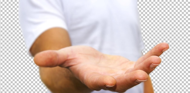 Man in white t-shirt showing empty hand on isolated transparency