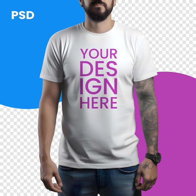 Man in white tshirt with slogan on it psd mockup