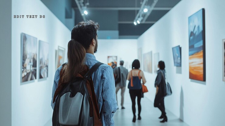 PSD man with backpack admiring art in gallery others viewing paintings