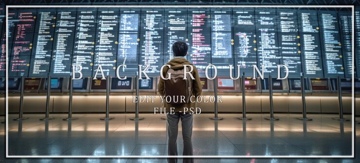 PSD man with backpack facing departure board at airport