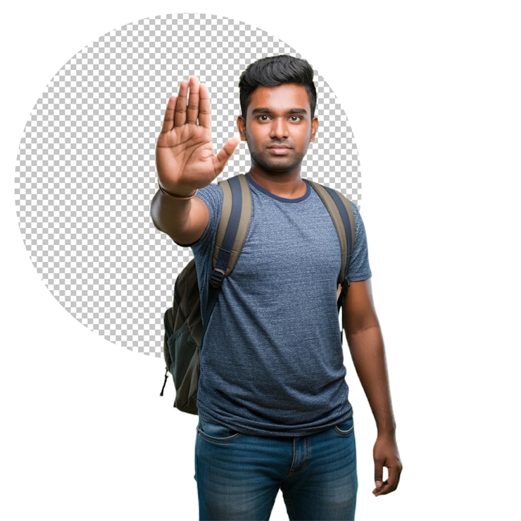 PSD man with backpack gesturing stop on isolated background