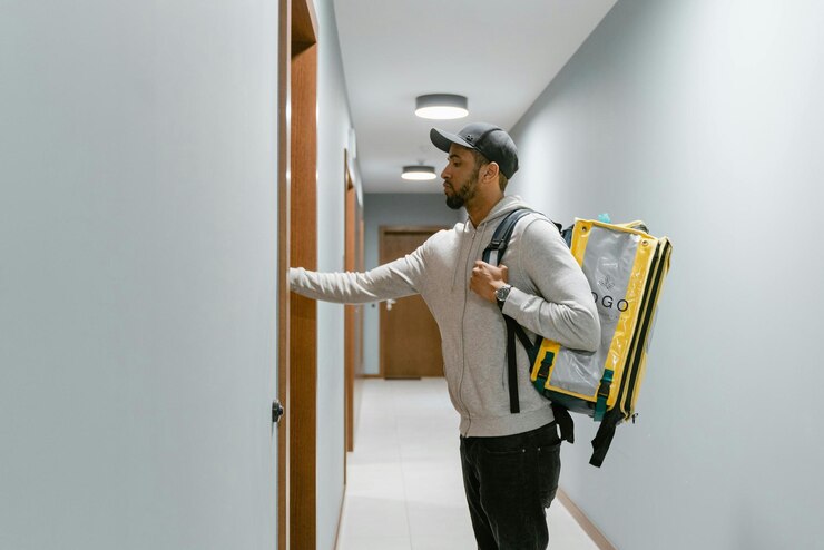 PSD a man with a backpack walks into a hallway with a backpack on his back