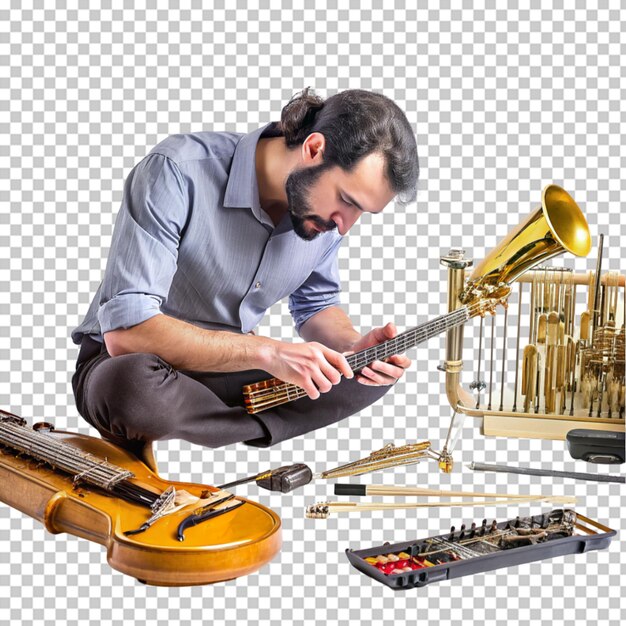 PSD man with beard and glasses working on project on transparent background