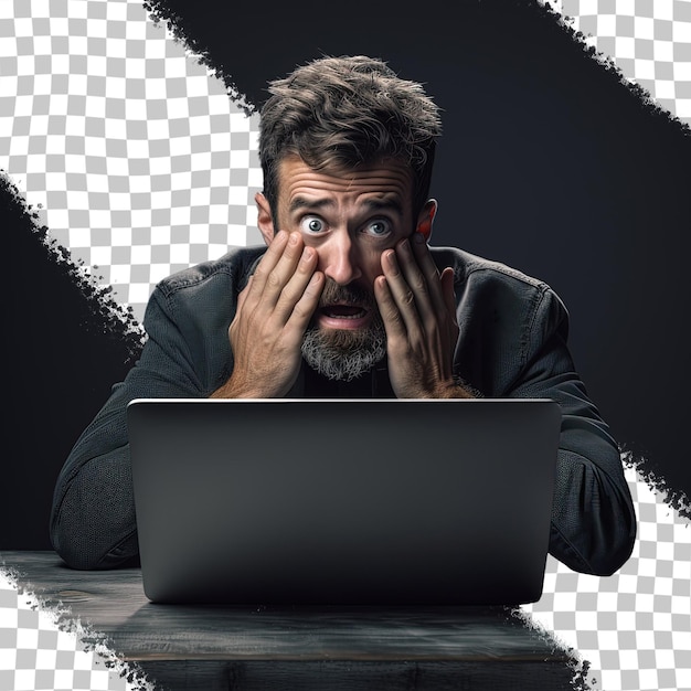 a man with a beard is looking at a laptop screen.