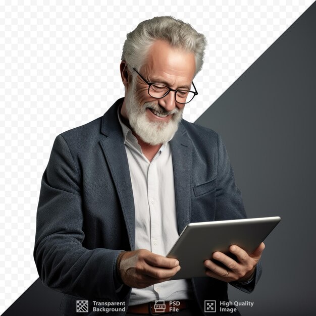 Un uomo con la barba usa un tablet.