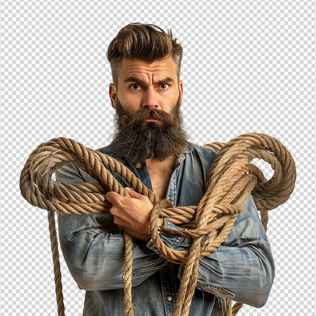Man with beard and a long rope isolated on transparent background png