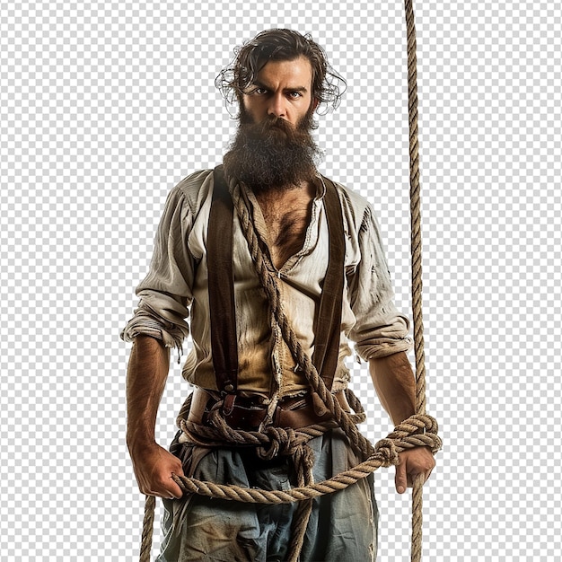 PSD man with beard and a long rope isolated on transparent background png