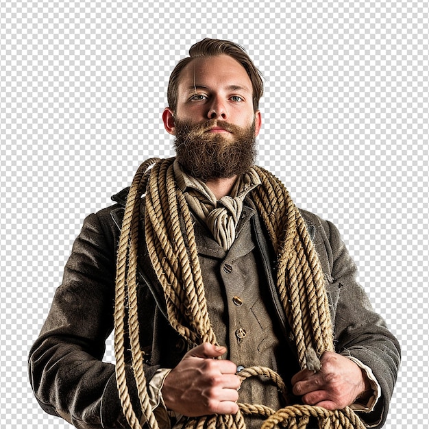 PSD man with beard and a long rope isolated on transparent background png