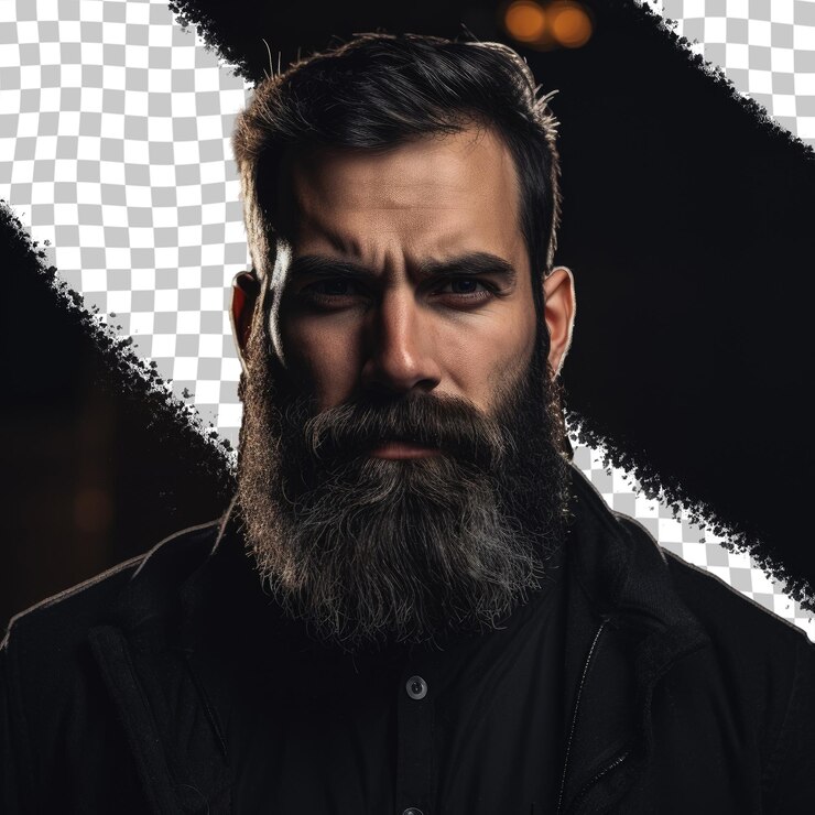 PSD a man with a beard and mustache stands in front of a black and white x.