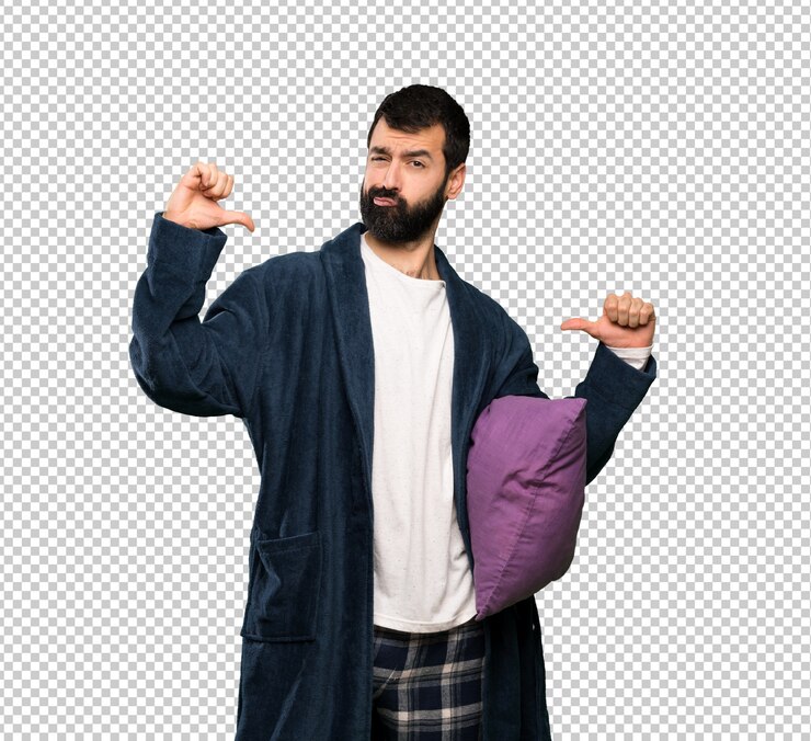 PSD man with beard in pajamas proud and self-satisfied
