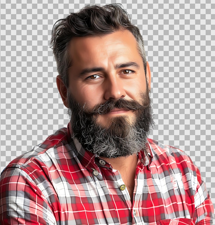 PSD man with beard and in red and white shirt on isolated transparent background