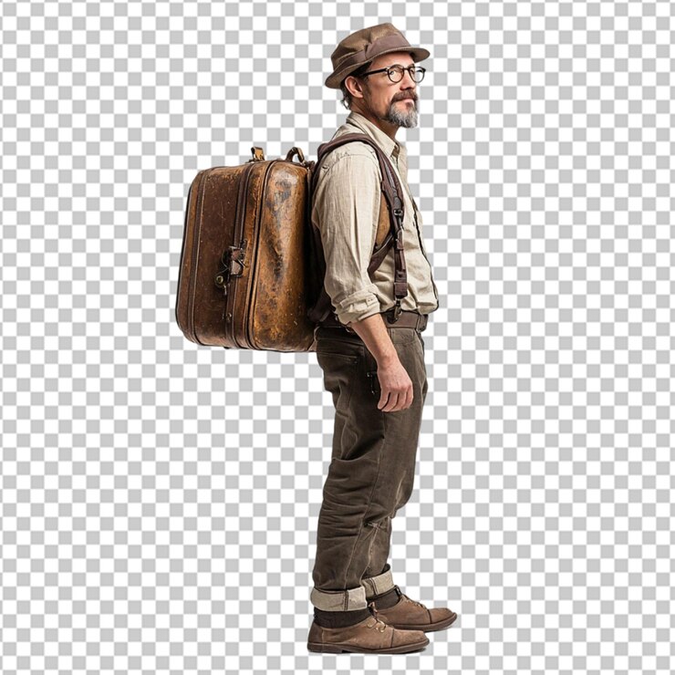 PSD a man with a beard and shorts on with a suitcase