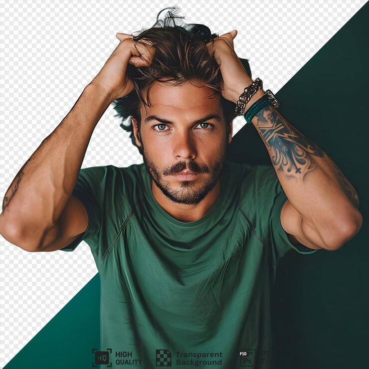 PSD a man with a beard and a tattoo on his arm runs his hand through his hair looking at the camera against a green background