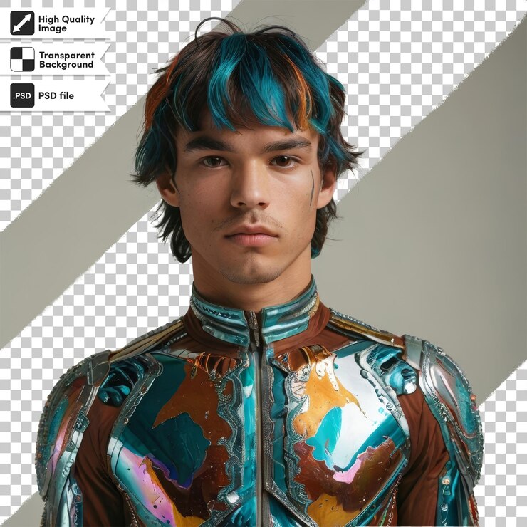 PSD a man with blue hair wears a jacket that says quot i love you quot