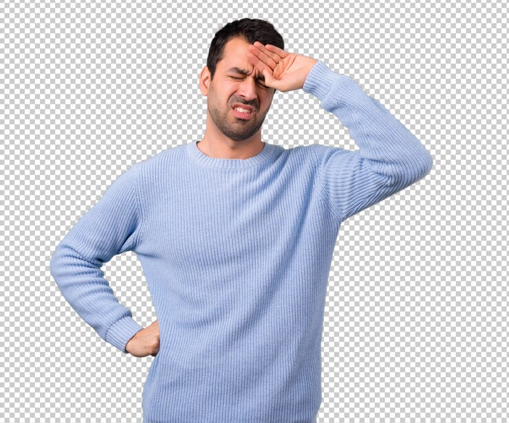 PSD man with blue sweater with tired and sick expression