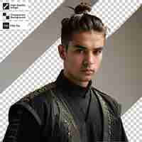 PSD a man with a bun in his hair and a black shirt with a black shirt that says quot retra quot