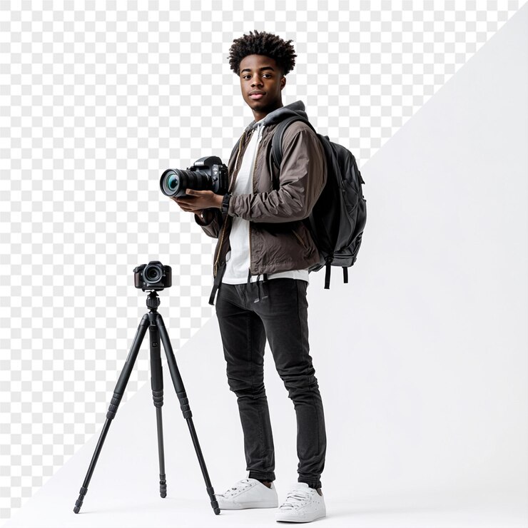 PSD a man with a camera and a camera on a tripod