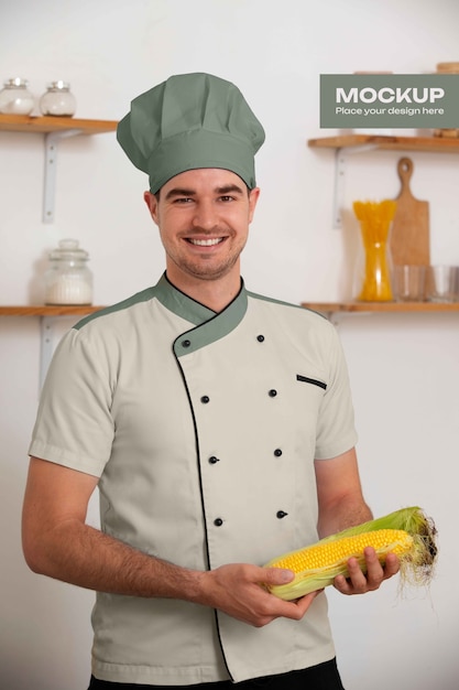 Uomo con un modello di giacca da chef