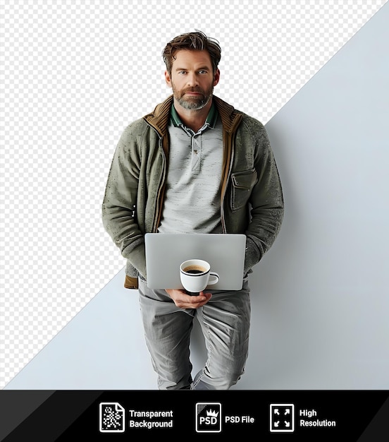 PSD man with coffee near laptop looking at camera png