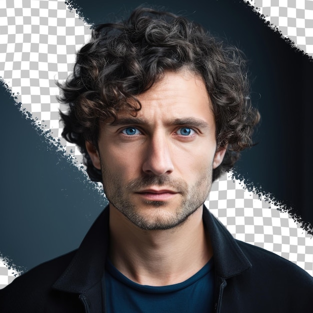 PSD a man with curly hair and a blue eyes stands in front of a black and white checkered background.