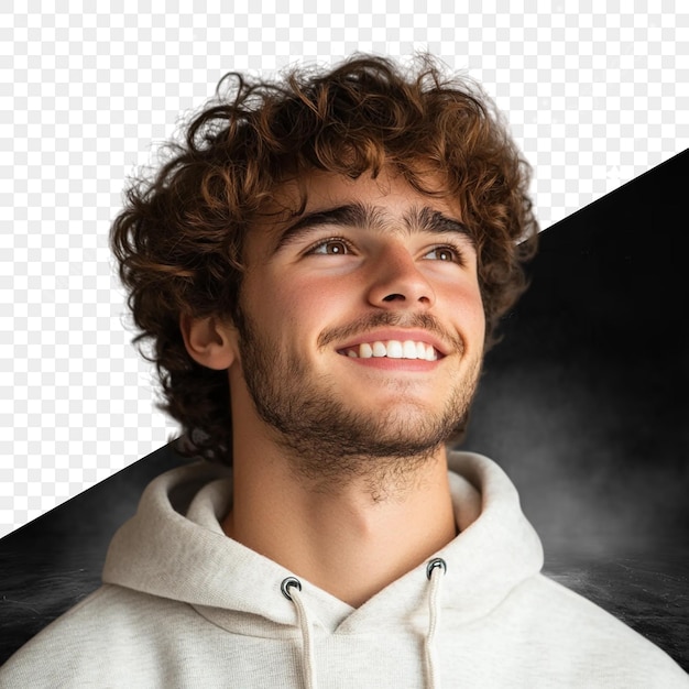 a man with curly hair smiles and smiles