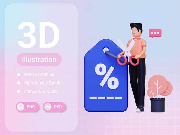 PSD man with discount coupon 3d illustration