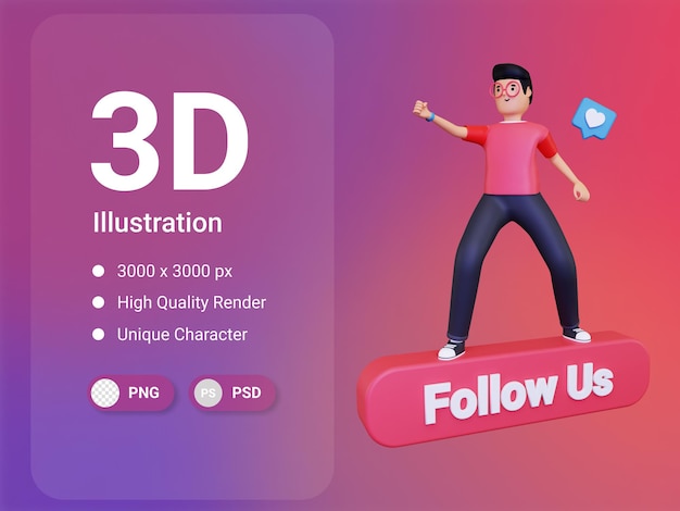 Man with follow us button logo 3d illustration