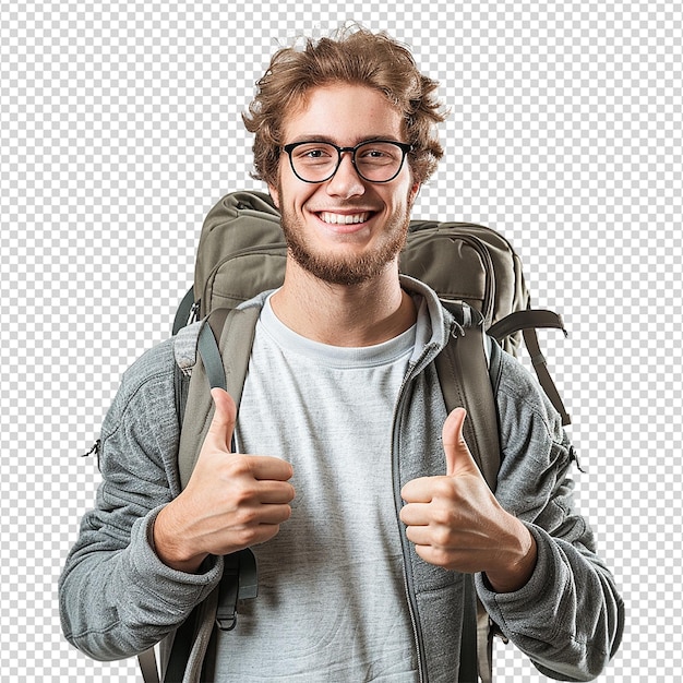 PSD a man with glasses and a backpack with a thumbs up sign isolated on transparent background