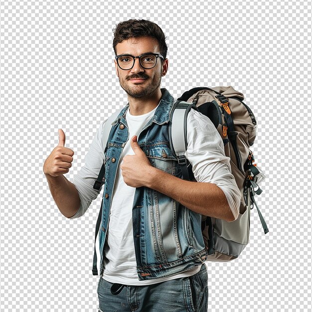 PSD a man with glasses and a backpack with a thumbs up sign isolated on transparent background