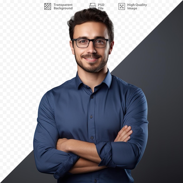 PSD a man with glasses and a blue shirt stands in front of a logo for a company.