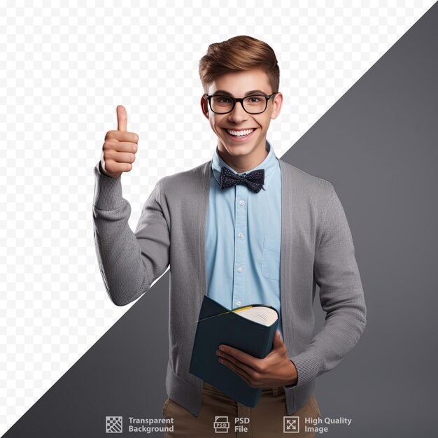 A man with glasses and a book with a thumb up.