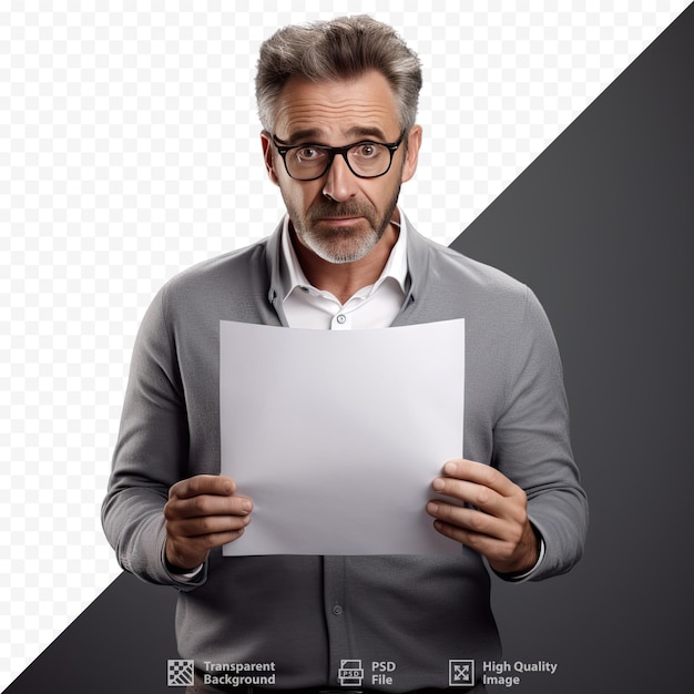 PSD a man with glasses holding a piece of paper with the words 