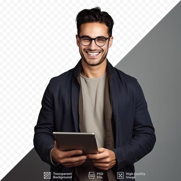 PSD a man with glasses holding a tablet with the words 